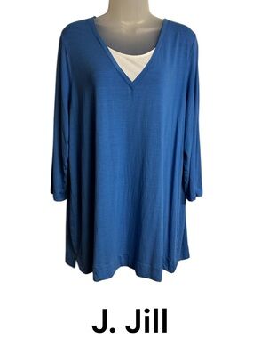 J. Jill  Blue V-Neck 3/4 Sleeves Relaxed *LAYERED LOOK* Top   LARGE    #11